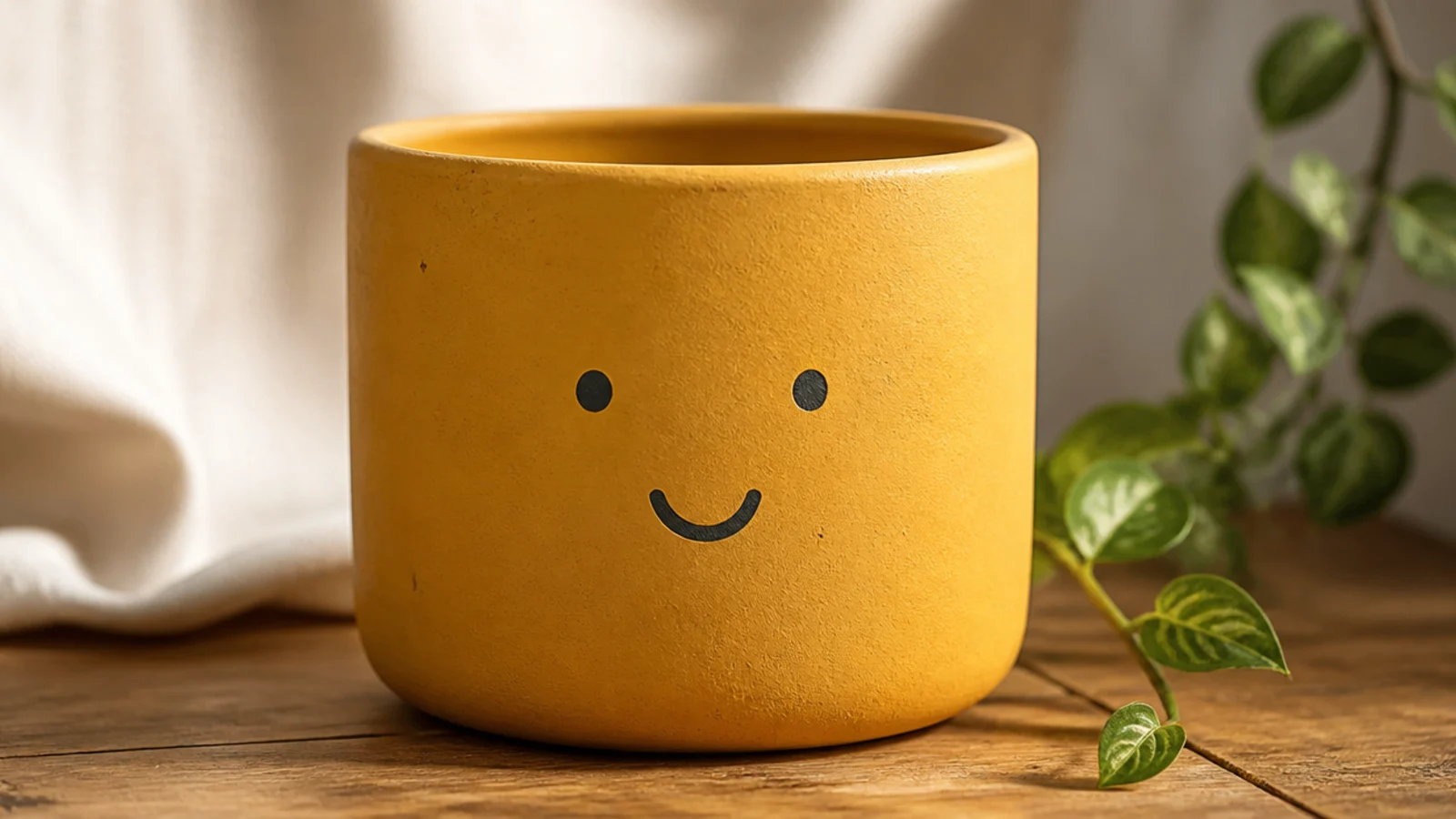 A mustard-yellow clay pot with a simple minimalist face on the front, two small dot eyes and a curved smile in charcoal.