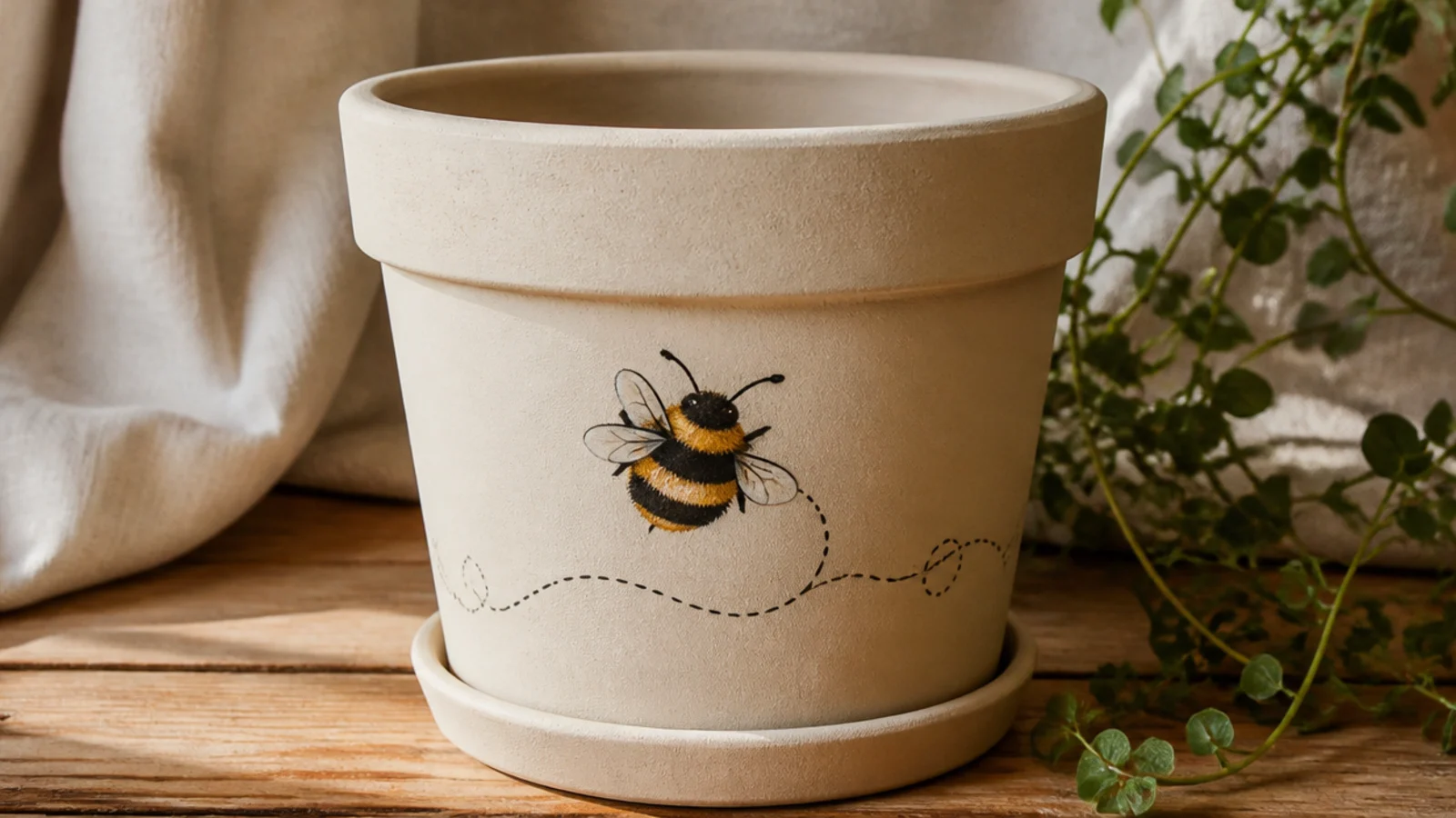 A cream clay pot with a small round bumblebee painted on the front, yellow-and-charcoal striped body with tiny translucent wings and a dashed flight-path line.