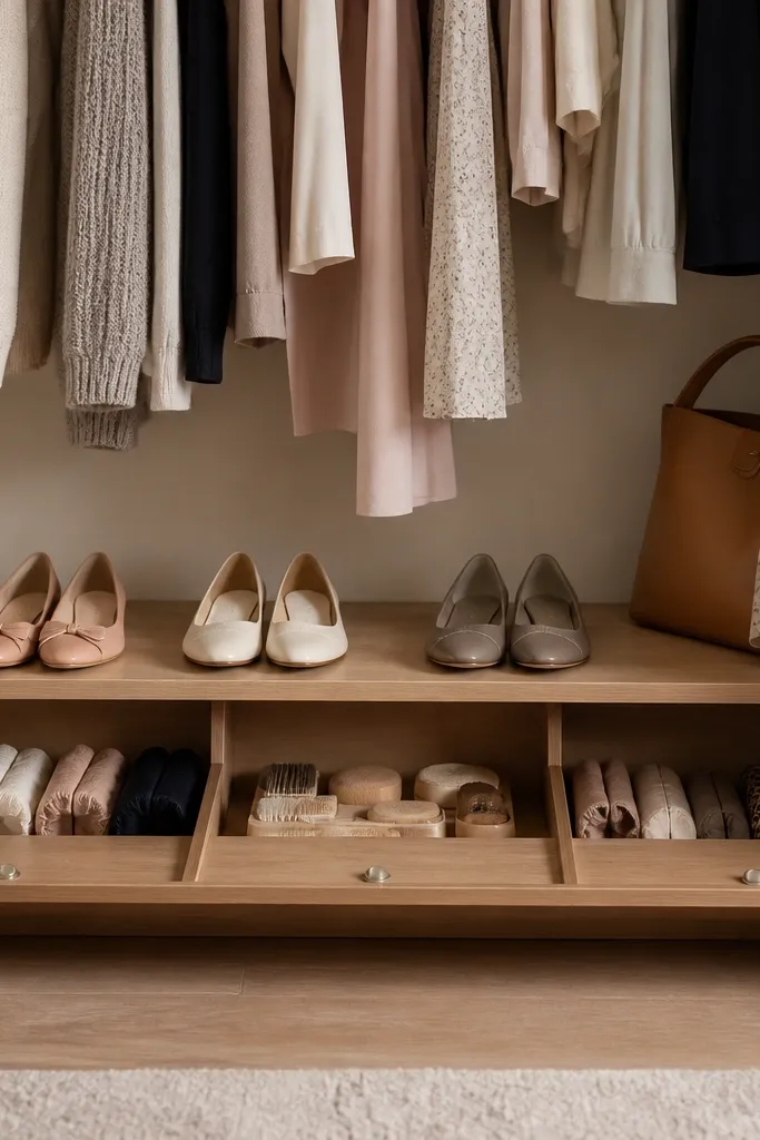 A closet has a horizontal wood shelf under a hanging rod. The front has small flip-down doors, and inside are shoe covers and small shoe accessories. A few pairs of flats sit on the shelf behind the doors.