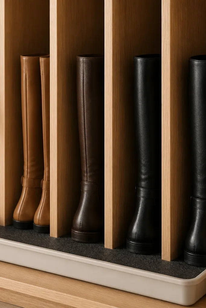 A closet section shows tall vertical wooden slats. Boots stand between slats, shafts upright. At the bottom sits a removable plastic tray lined with a dark mat.