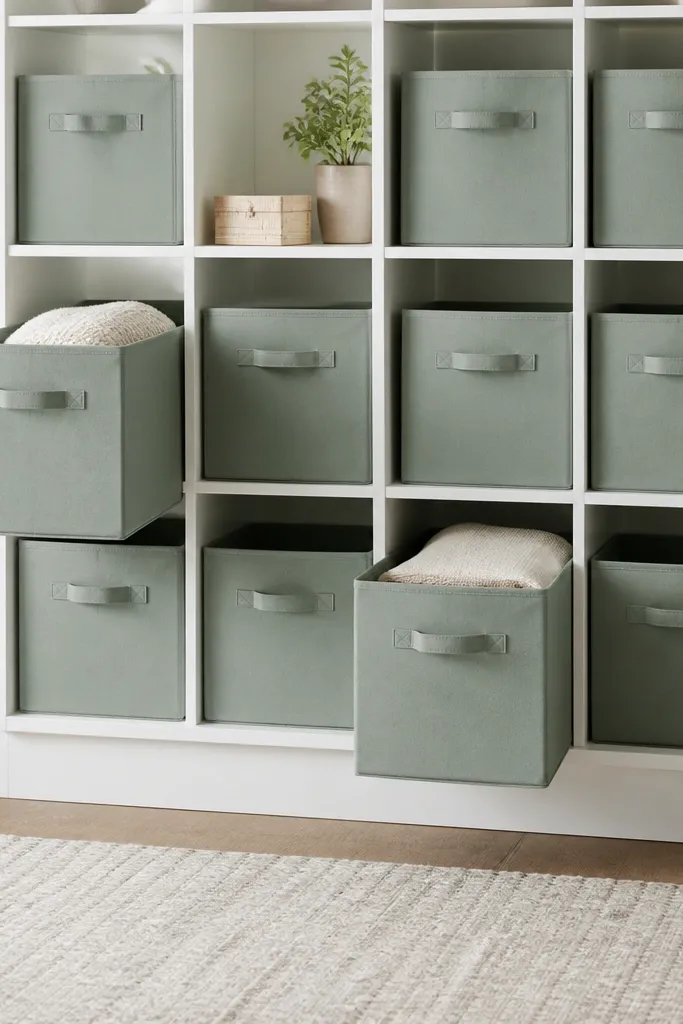 A white closet has square cube shelves. Each cubby contains a fabric bin in a uniform color. Labels sit on the bin fronts, and a few bins are slightly pulled out for easy access.