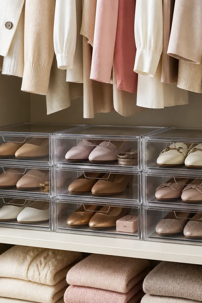 A closet has shallow clear acrylic drawers on a shelf. Each drawer holds one pair or one pair plus accessories. The front faces are transparent, showing shoe color clearly.