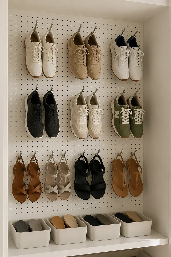A pegboard panel inside a closet has rows of angled metal hooks. Sneakers hang by the heel, and sandals hang by straps. Small bins sit on the bottom shelf for insoles.
