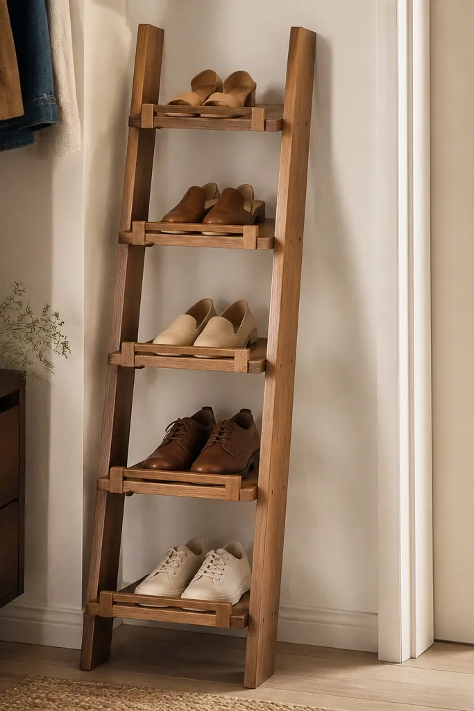 A wooden ladder-style shelf leans against the closet wall. Each rung holds shoes, and each rung has a small stop block at the front edge.