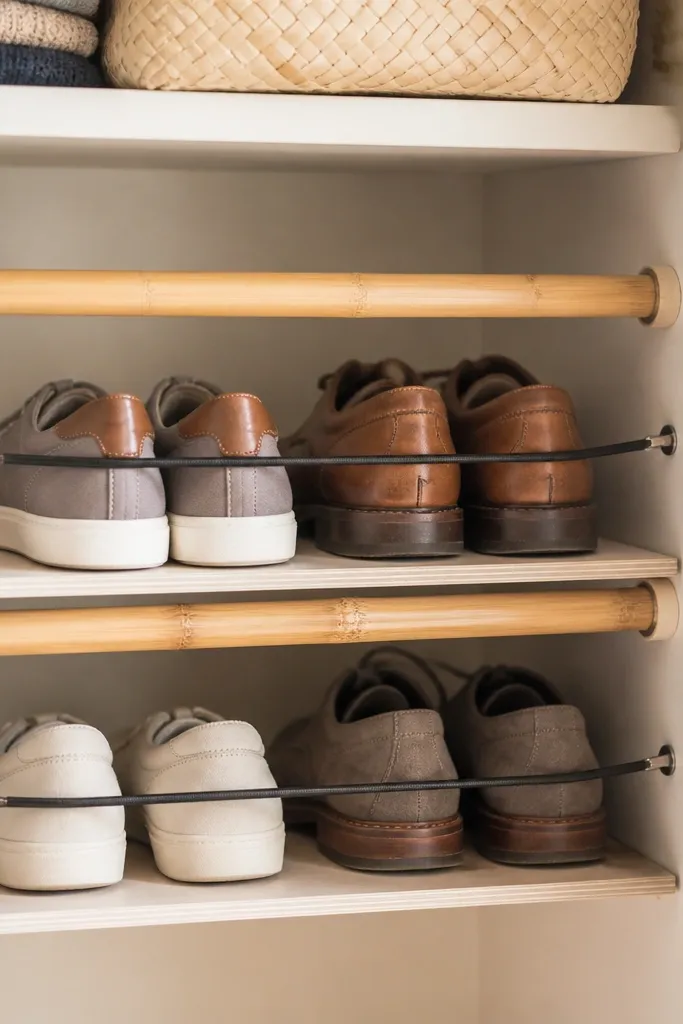 Inside a closet, two bamboo tension rods run horizontally. Shoes sit on a thin shelf board between rods, and small bungee cords prevent slipping.