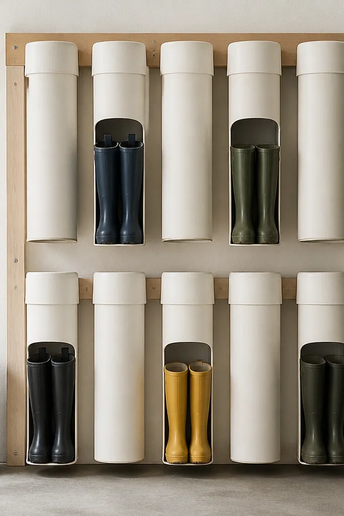 A wall-mounted board holds vertical PVC pipe sections like a grid. Each pipe has an end cap, and rain boots stand beside or partially inside the pipes.