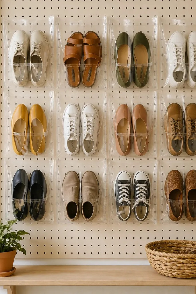 A pegboard wall has a small shelf at the bottom. Above it are clear hanging shoe pockets like organizers, each pocket sized for one pair.