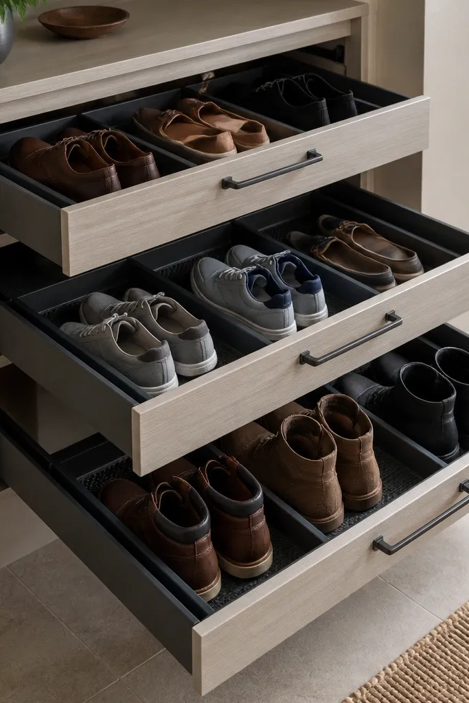 A custom-built base cabinet has sliding drawers. Each drawer holds a bin with a non-slip base. Shoes are grouped by type in each drawer.