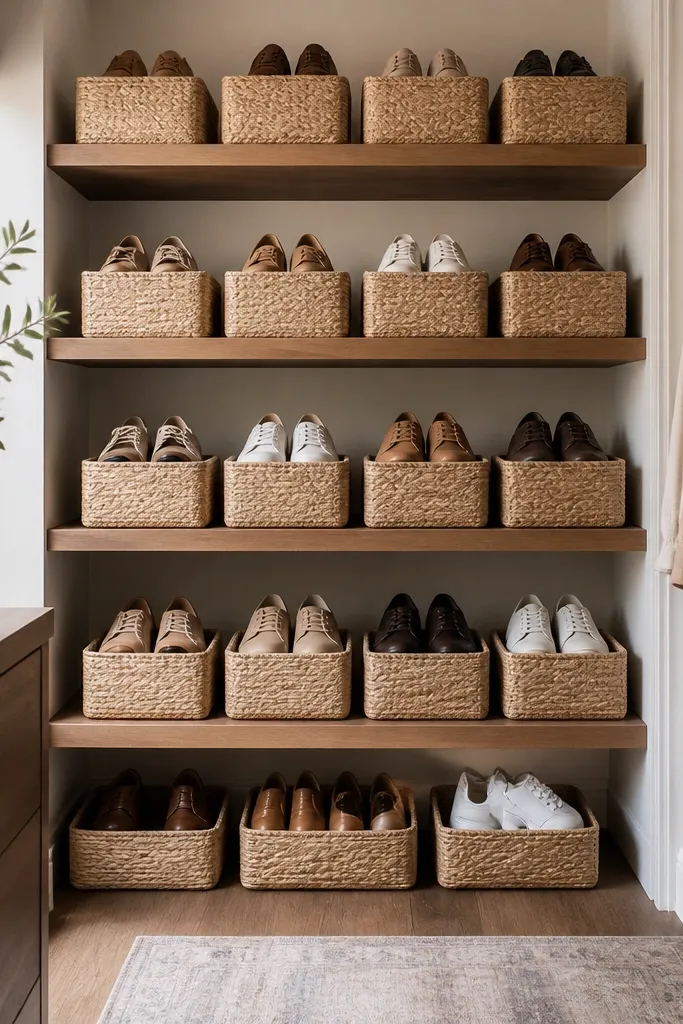 Floating wood shelves run along a closet wall. Woven baskets sit on each shelf with shoes arranged toe-forward. The baskets are light tan, and the shelves are warm brown.