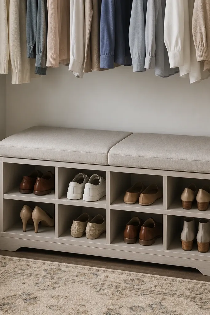 A small bench in a closet has hinged lids on top. Inside are cubbies for shoes, and the lids close flat. The bench top is upholstered in neutral fabric.