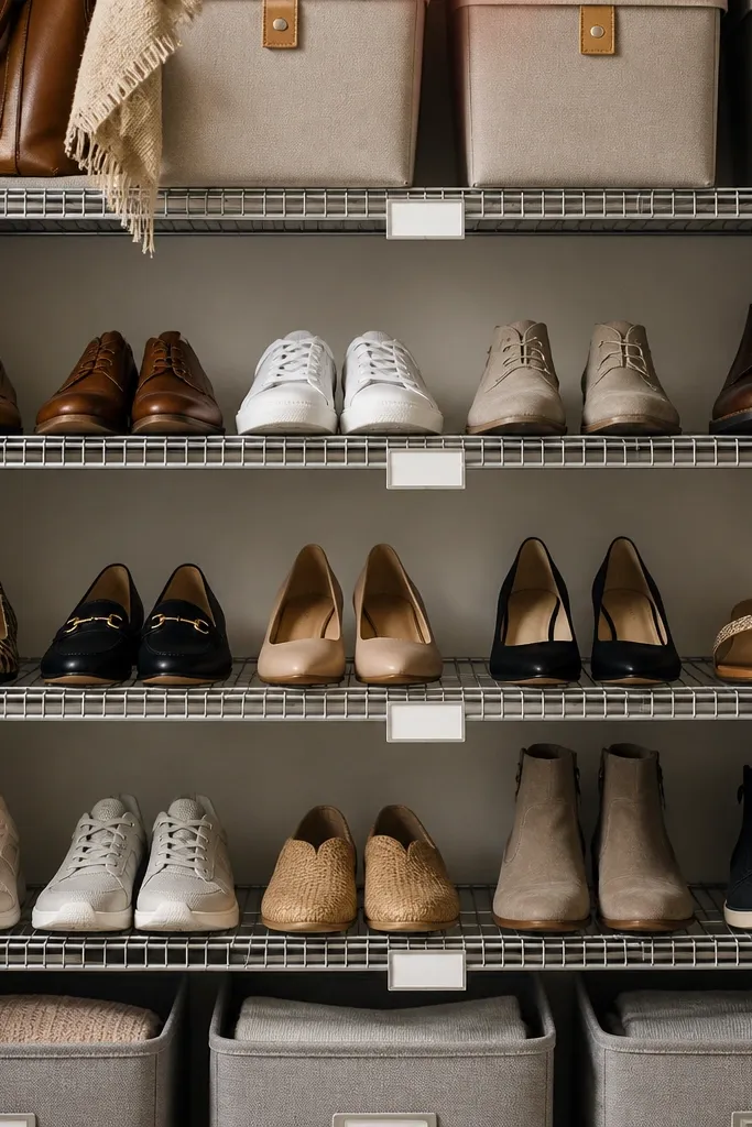 A metal wire shelf system inside a closet has small magnetic label cards on the shelf front. Bins sit on top, and shoes are arranged by label sections.