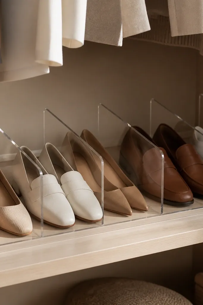 A shallow shelf inside a closet holds shoes. Clear acrylic dividers create angled compartments, separating left and right pairs. The dividers catch light and the shoes sit neatly.