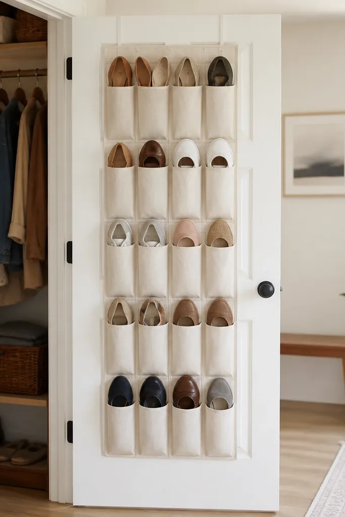 A closet door has a shoe organizer hung on the inside. The organizer has rigid backing and multiple pockets. Shoes are arranged neatly in each pocket, and the backing sits flat against the door.