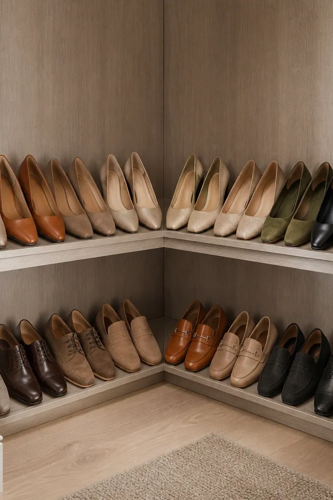A closet corner has a custom rack with two angled shelves meeting at a corner. A vertical panel covers the back. Shoes are lined up on each angle with toes facing outward.