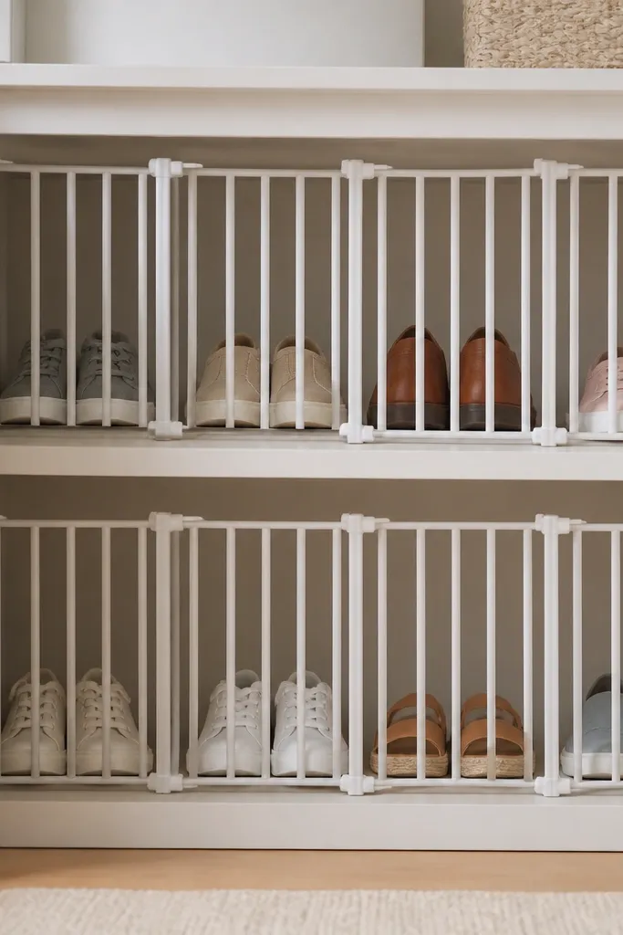A small closet cabinet has two levels. Inside, white plastic baby-gate dividers create separated compartments. Each compartment holds one pair, and the gate bars create straight lines.