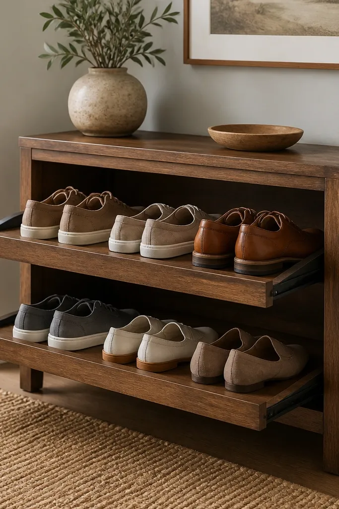 A wooden shoe rack has two shelves. Each shelf has a pull-out tray that slides forward like a drawer. Shoes sit on the trays, and the rack frame is stained wood.