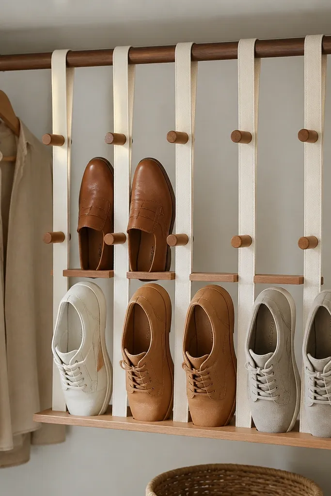 A closet has a hanging shelf built from flat fabric straps attached to a rod. Wooden pegs run across the strap line, and shoes sit on a narrow plank beneath the pegs.