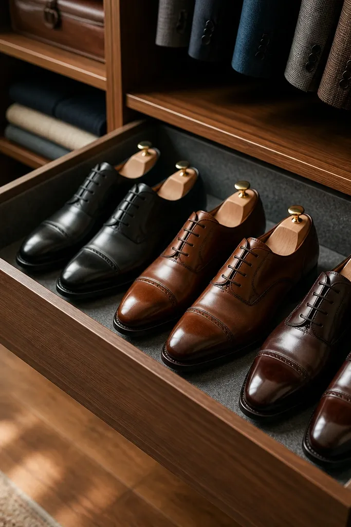 A bottom drawer in a closet holds pairs of dress shoes on shoe forms. Each form supports the shape, and the drawer has a felt lining.