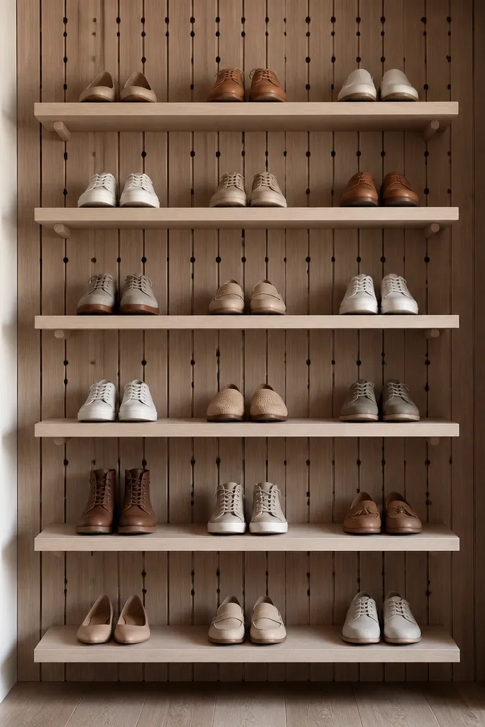 A closet wall has a vertical slat panel with rows of holes. Adjustable wooden shelf boards sit on the pegs, and shoes sit on each shelf with consistent spacing.