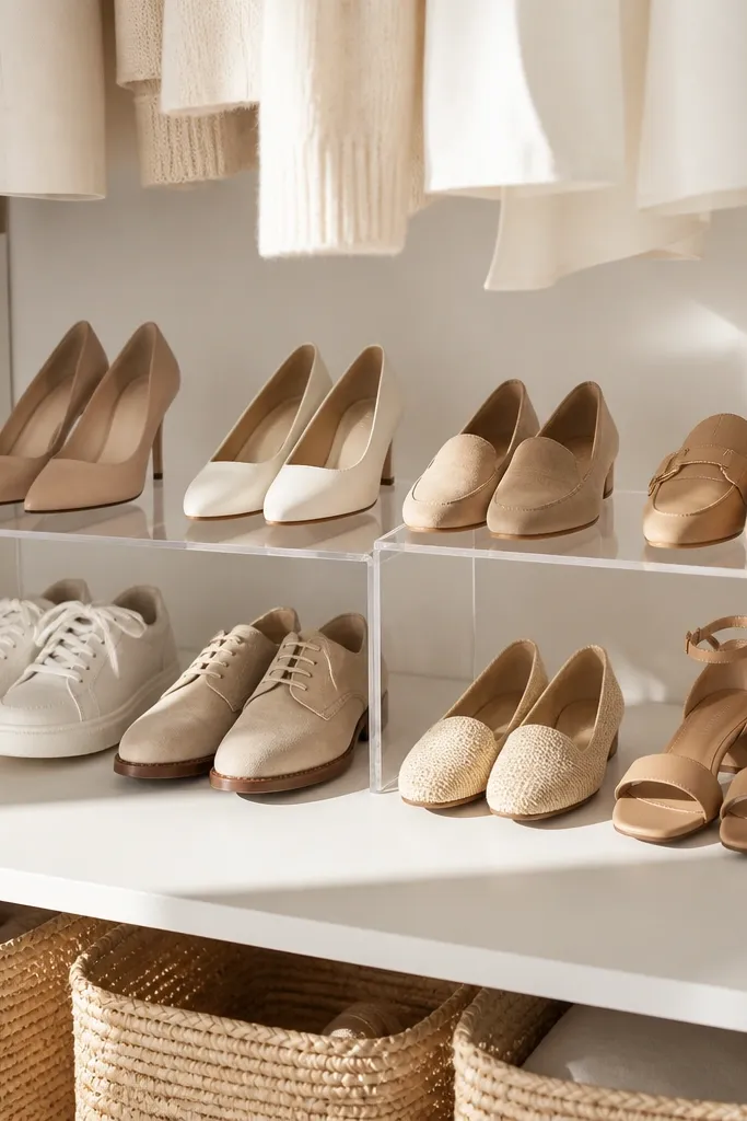 A shelf holds clear acrylic risers in two levels. Shoes are placed on each riser so pairs sit higher for visibility. The clear plastic makes the closet feel light.
