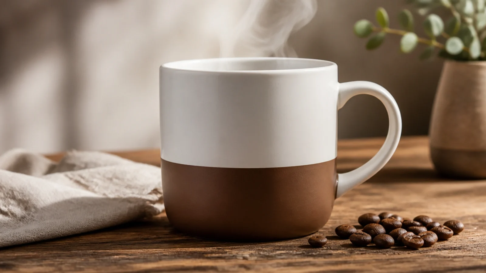A white mug with the bottom third painted a solid espresso brown in one clean level band, the top white.
