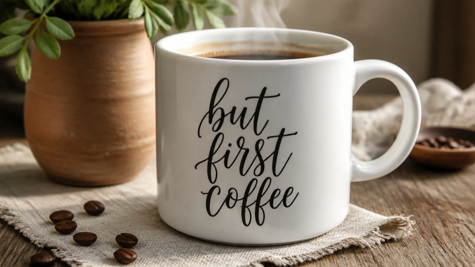 A white mug with the phrase but first coffee in black faux-calligraphy lettering across the front.