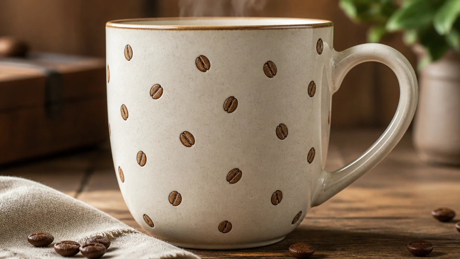 A cream mug scattered with small brown coffee beans, each with a center line, across the body.