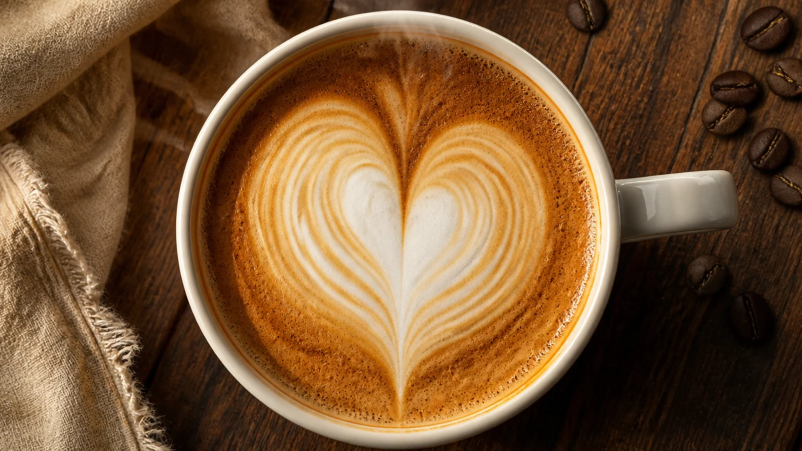 A white mug with a tan foam circle near the top holding a brown latte-art heart, as if seen from above.