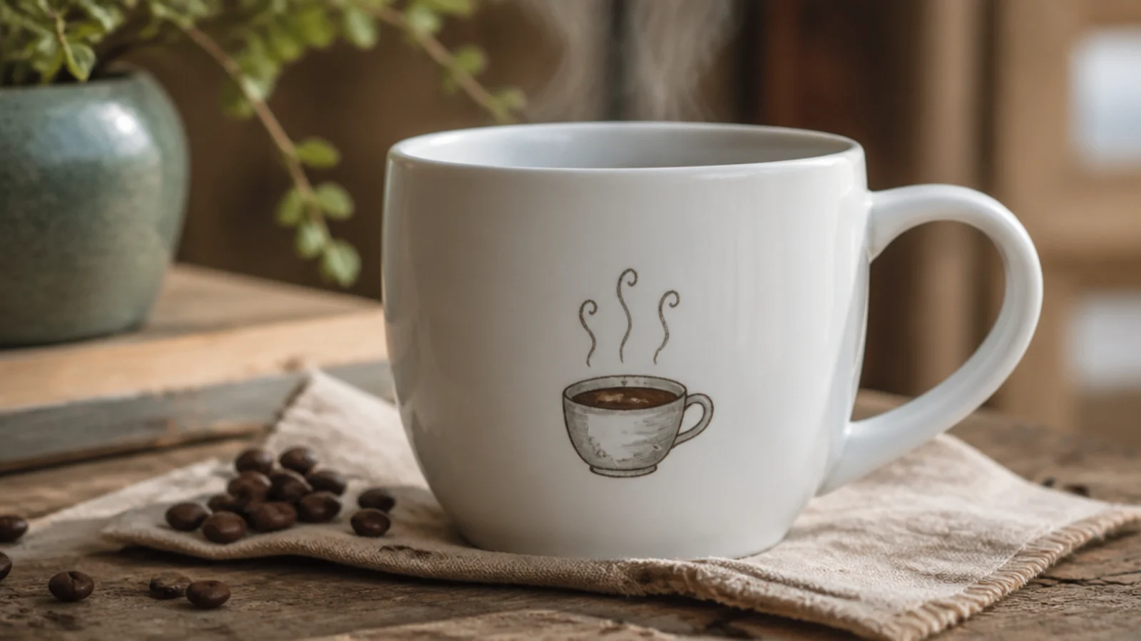 A white mug with three thin grey curling steam lines rising from a small painted coffee cup on the front.