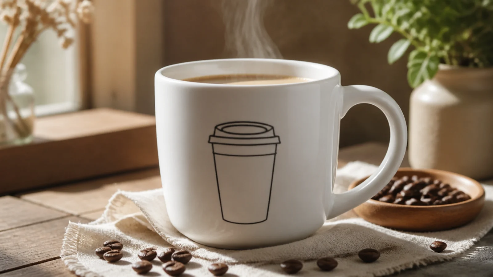 A white mug with a simple line-drawing of a takeaway coffee cup with a lid on the front.