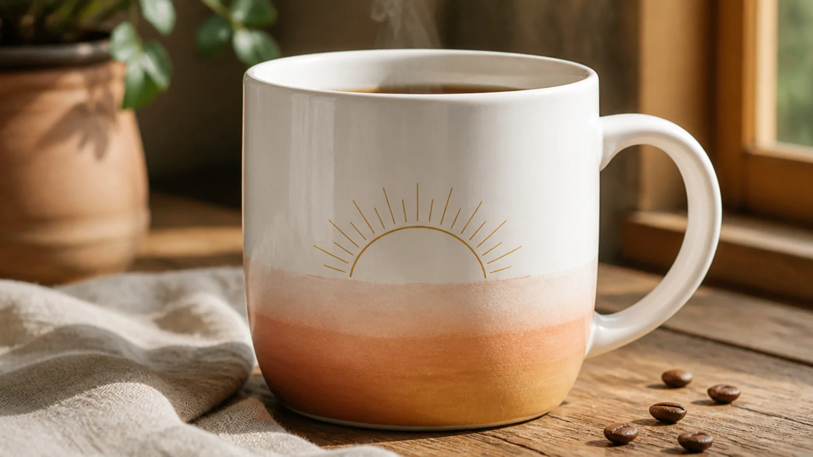 A white mug with a soft peach-to-gold sunrise gradient across the lower front and a simple sun arc.