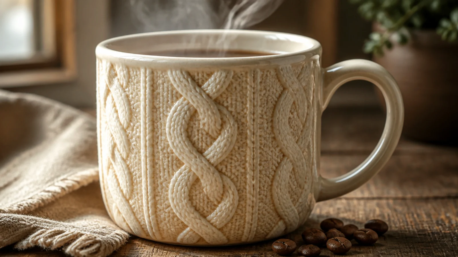 A cream mug with a painted cable-knit sweater pattern of twisting cream cords across the front.