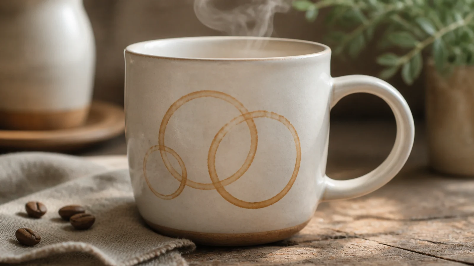 A white mug with a few overlapping thin brown rings, like coffee-cup stains, painted across the front.