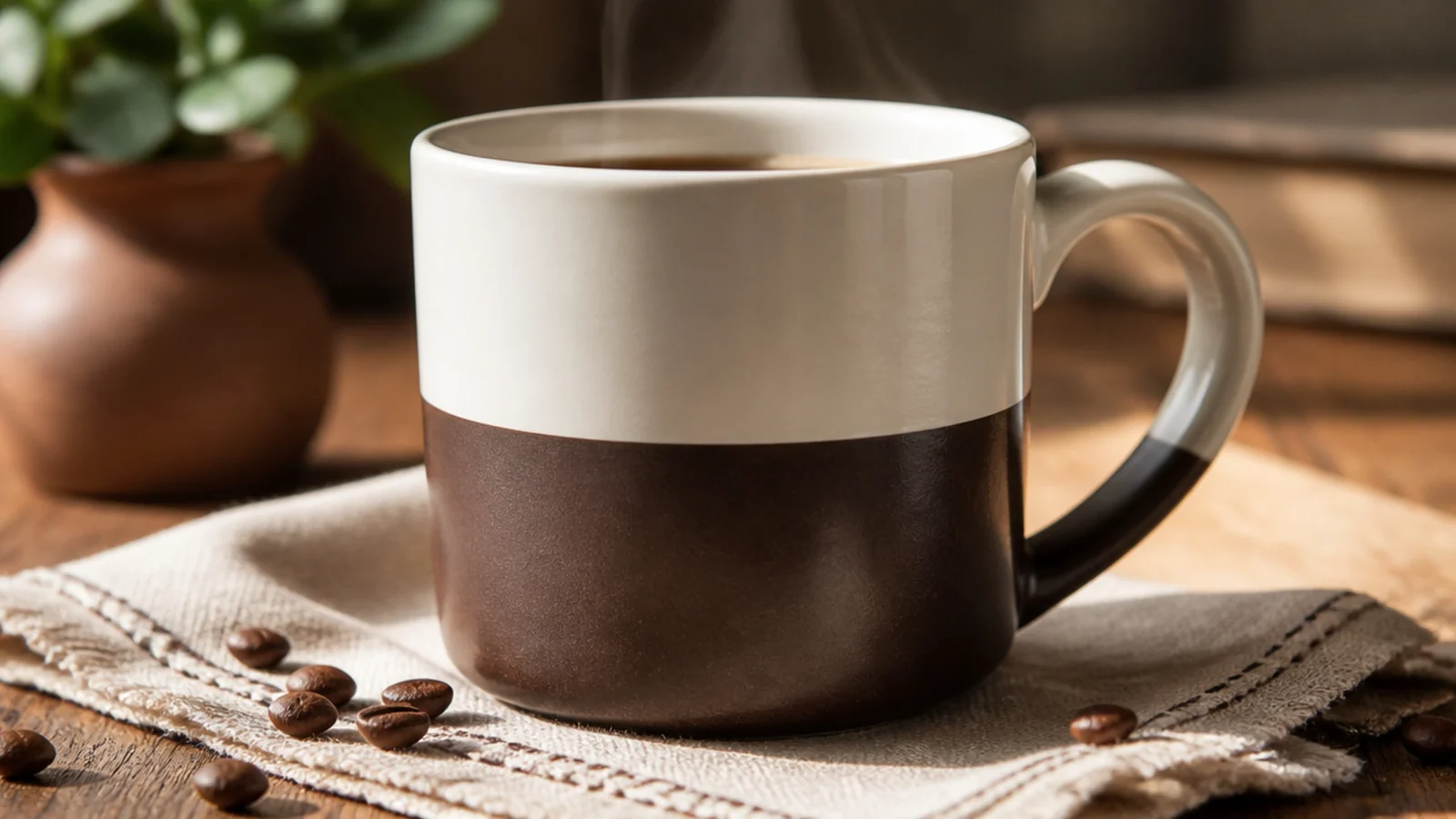 A mug split into two colors, cream on top and espresso brown on the bottom, meeting at one clean line.