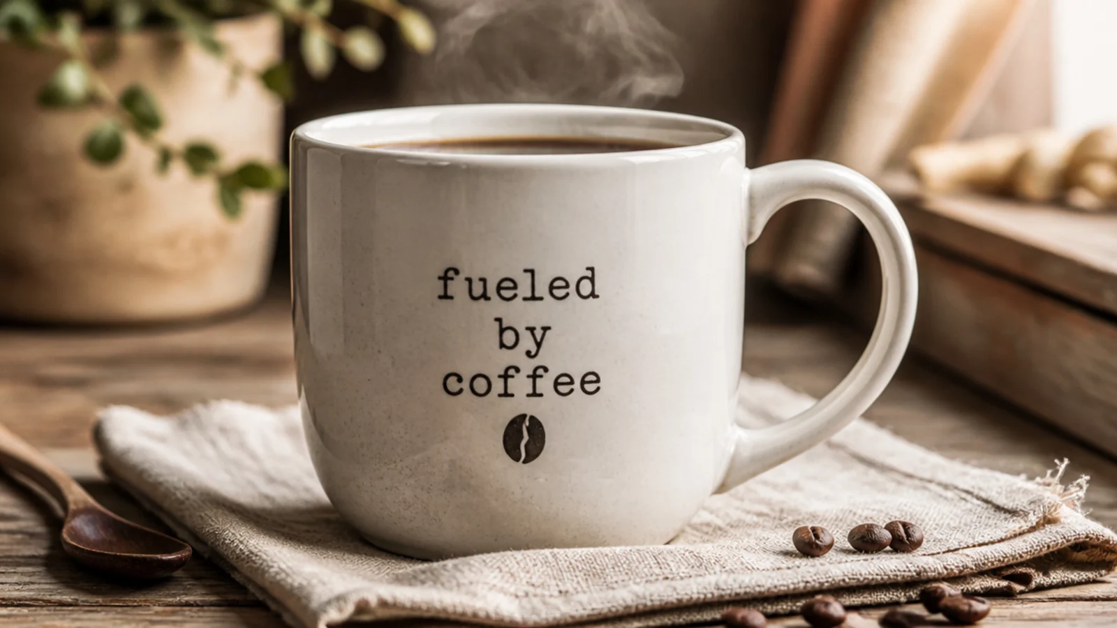 A white mug with the phrase fueled by coffee in simple black print lettering with a small bean icon.