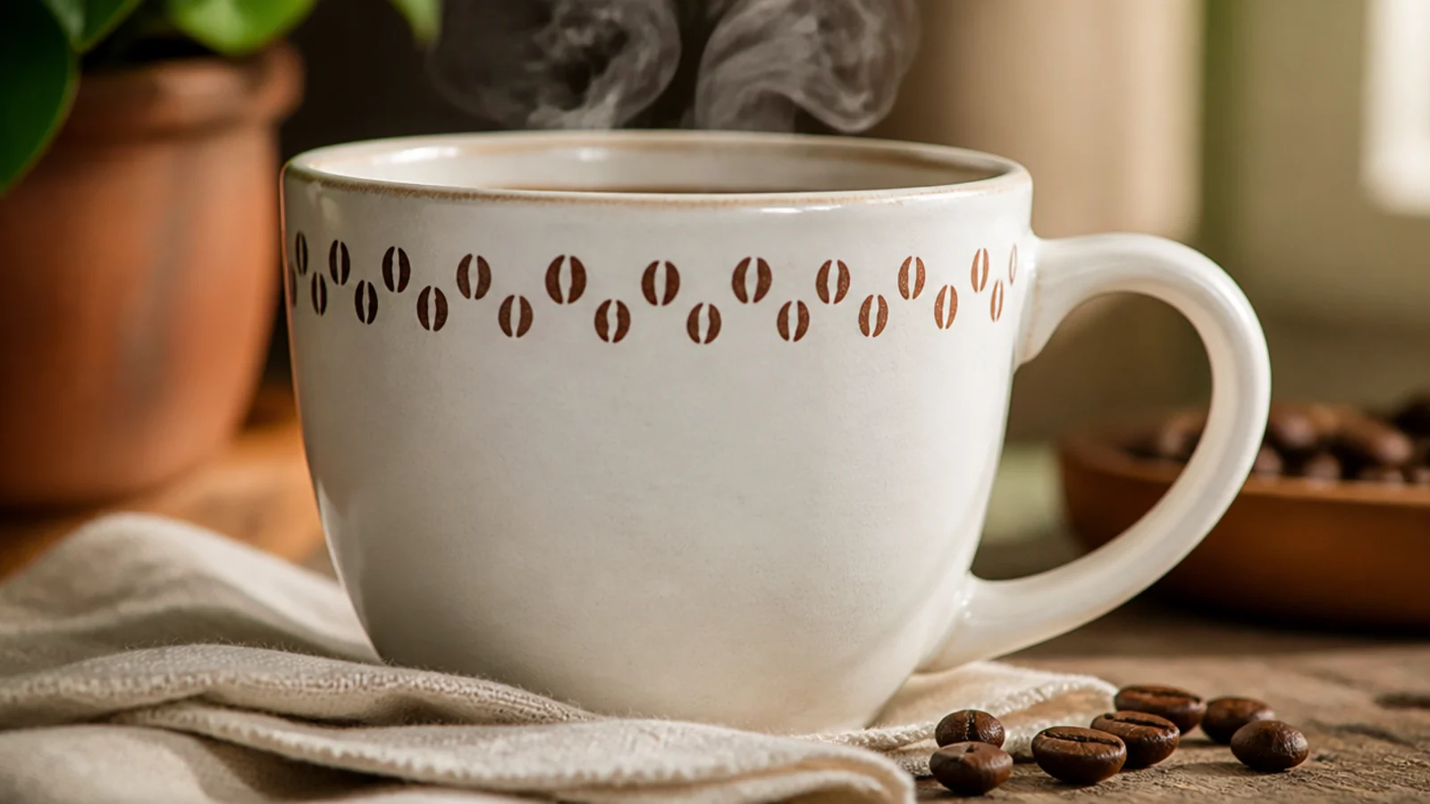 A white mug with a single row of small brown coffee beans running around the body below the rim.