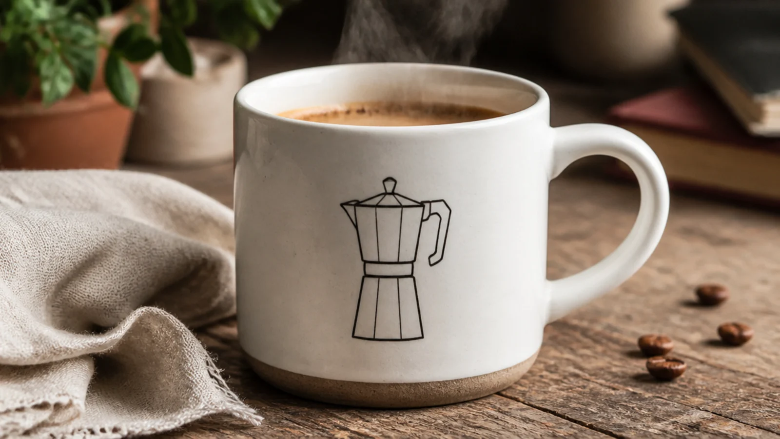 A white mug with a simple continuous line drawing of a stovetop moka pot on the front.
