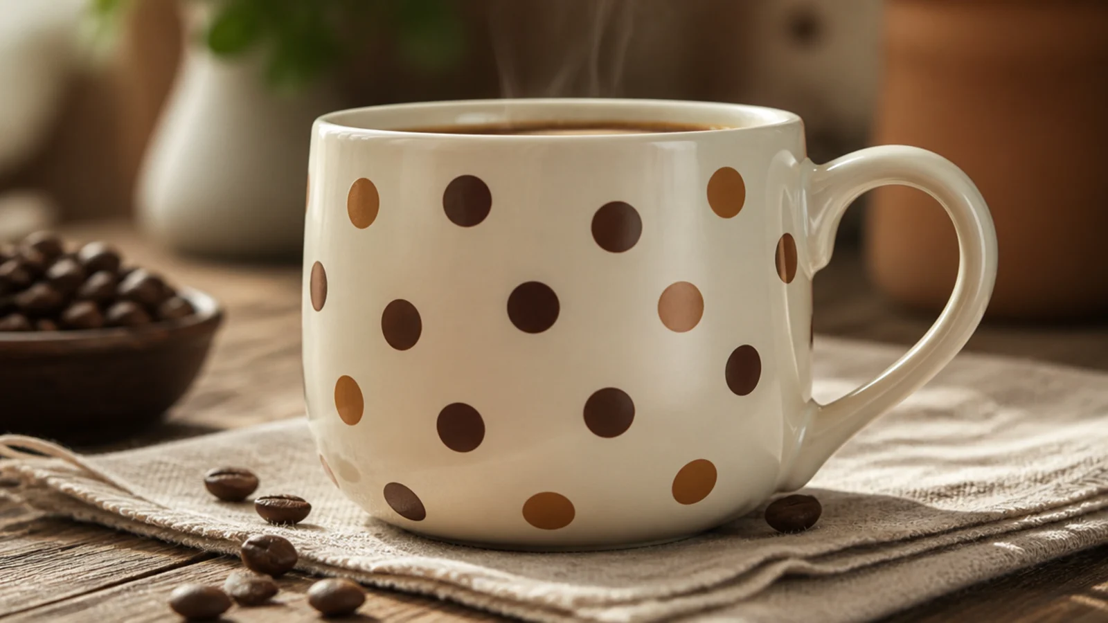 A cream mug covered in evenly spaced polka dots in caramel and espresso brown, uniform and round.