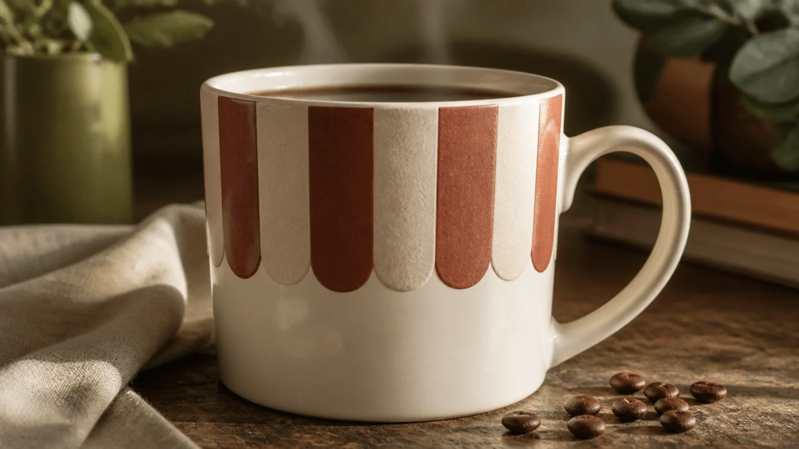 A white mug with bold vertical stripes in cream and warm brown around the upper band, like a cafe awning.