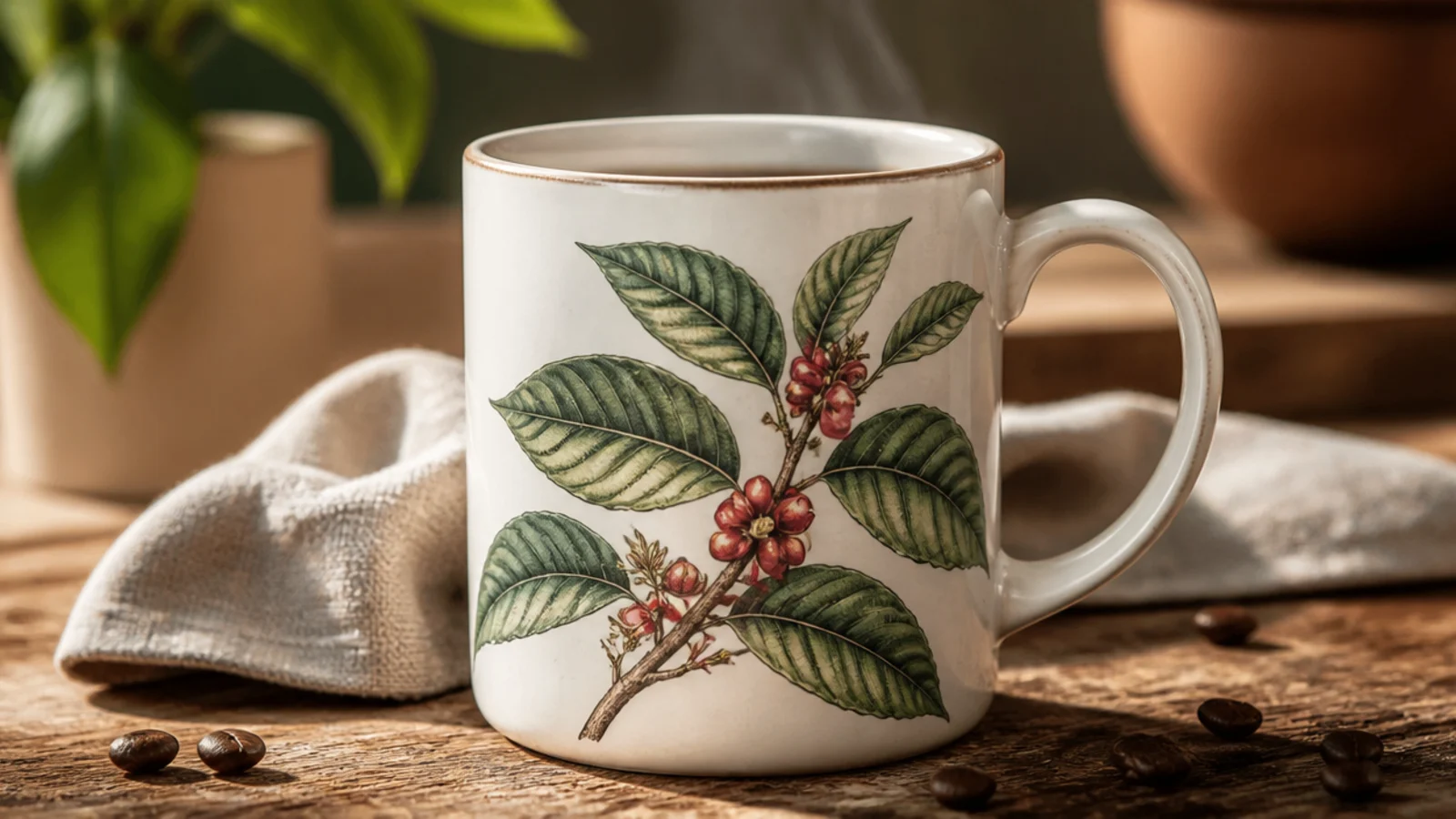 A white mug with a botanical sprig of green coffee-plant leaves and small red coffee cherries on the front.