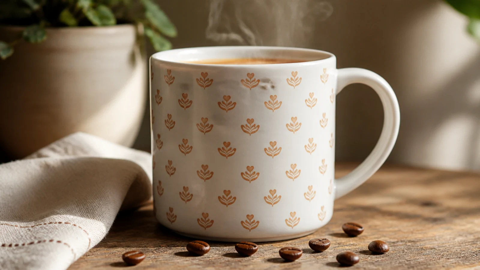 A white mug with a repeating pattern of small tan latte-foam swirls across the front.