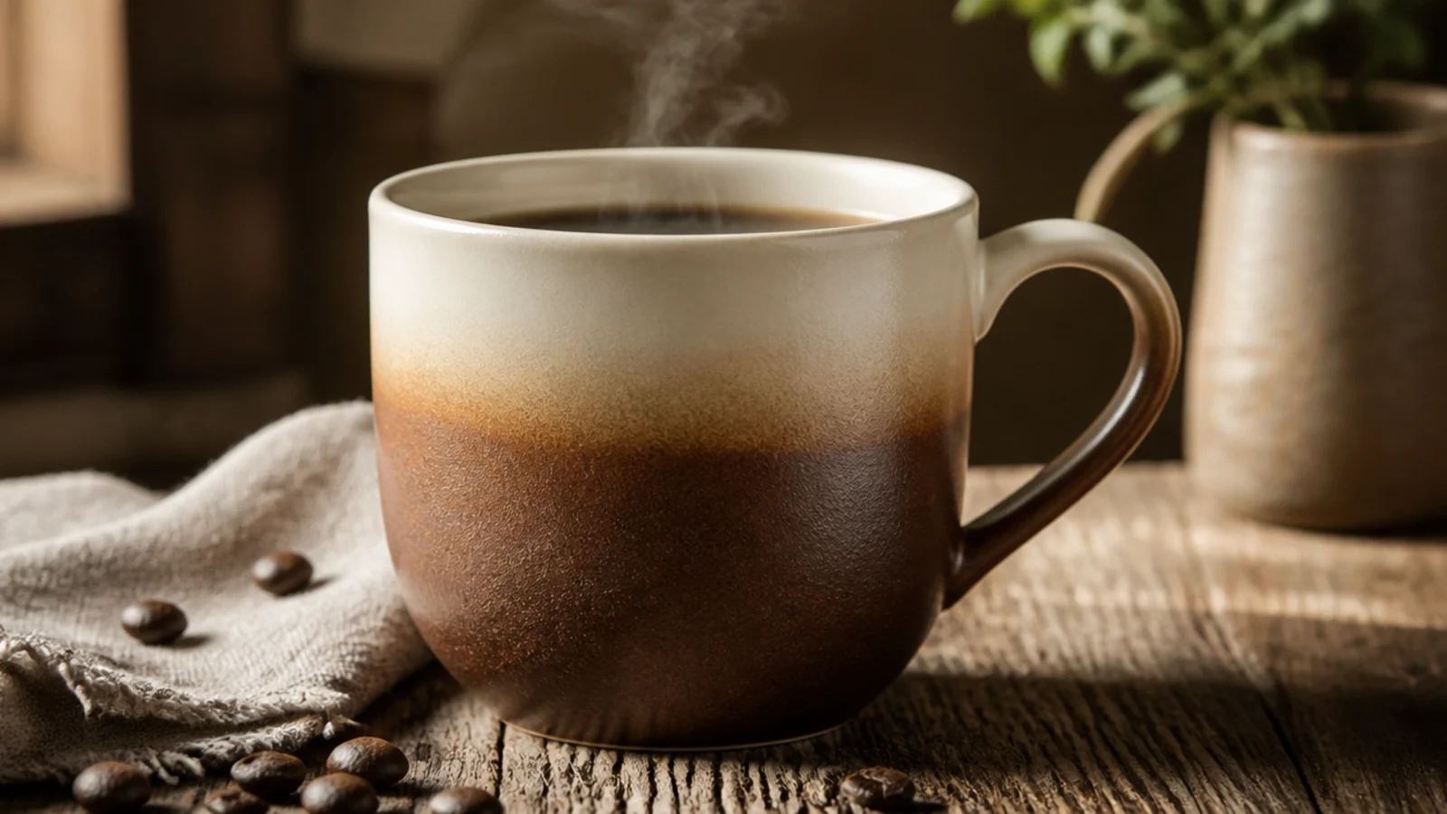 A mug with a smooth ombre from espresso brown at the base fading up to cream near the rim.