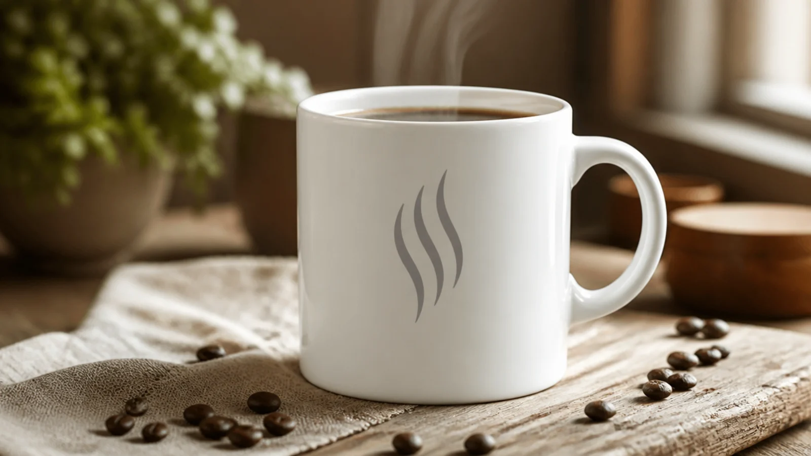 A white mug with just three thin, elegant grey steam curls rising on the front, no cup drawn.