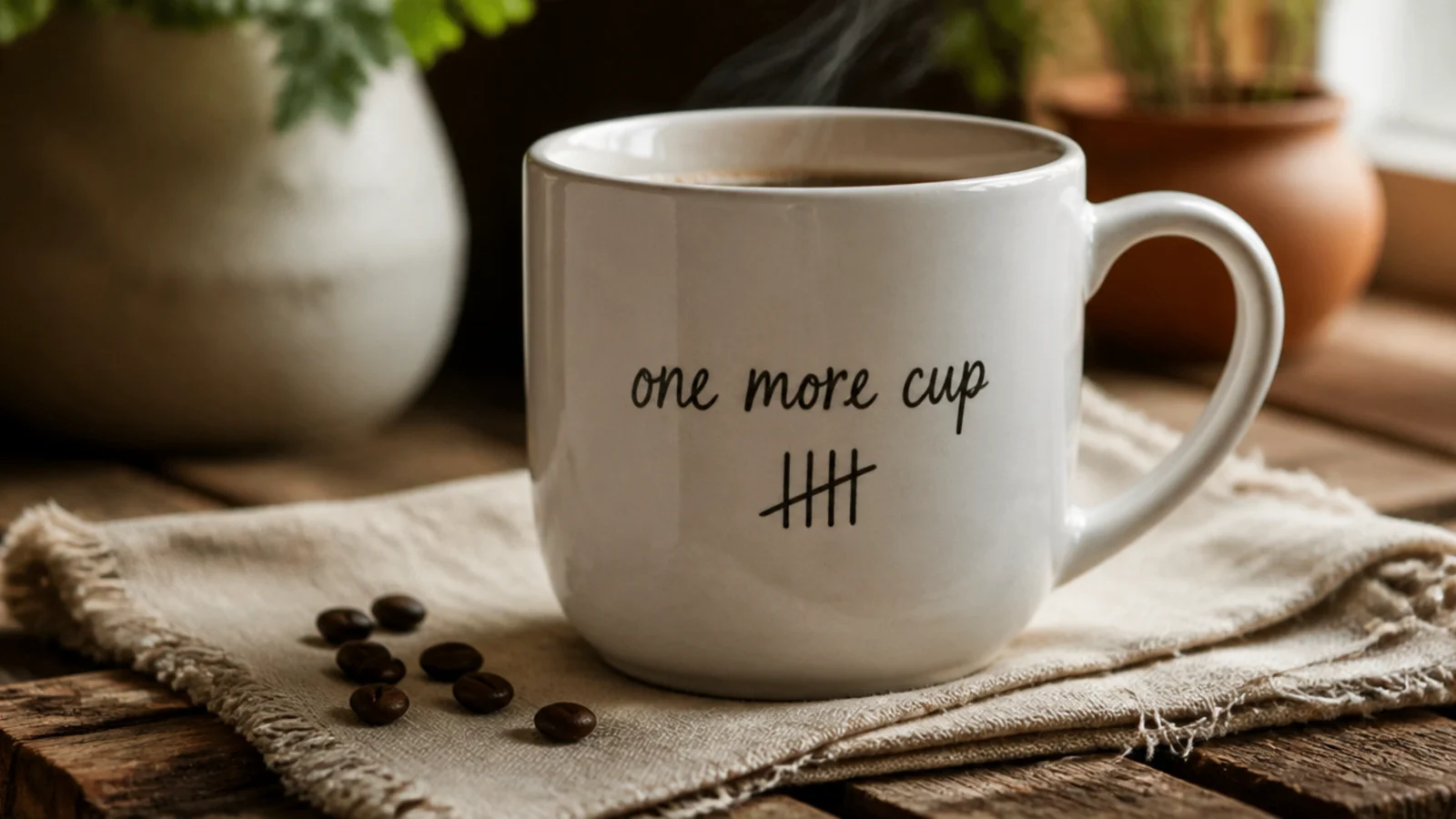 A white mug with a hand-lettered phrase one more cup above a small row of tally marks on the front.