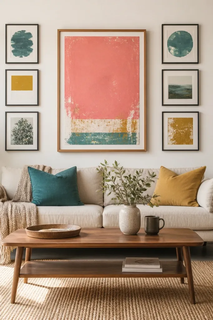 One large framed print in the center with four smaller colorful prints orbiting around it