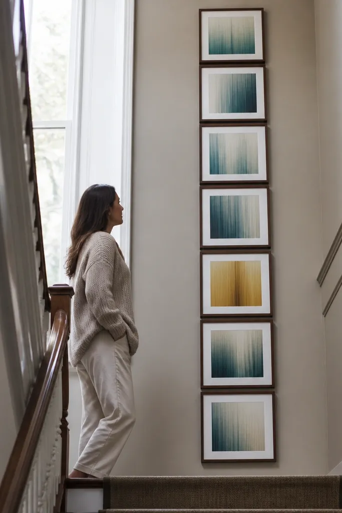 Five tall frames stacked vertically with gradients from pink to blue on a light wall