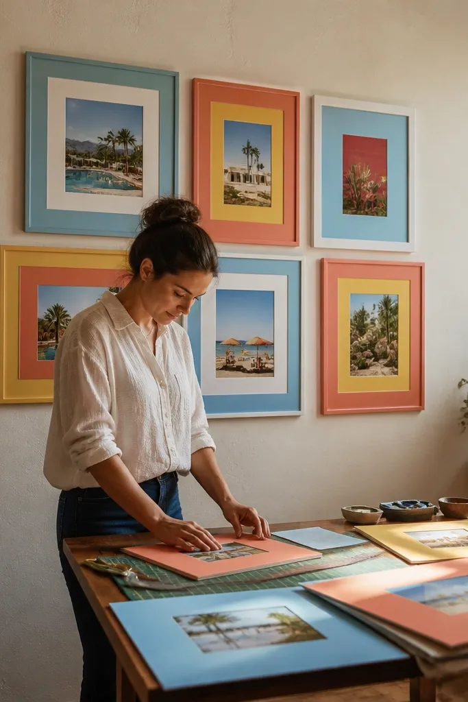 Multiple framed photos with thick colored mats in pink, lime, and blue arranged like a collage