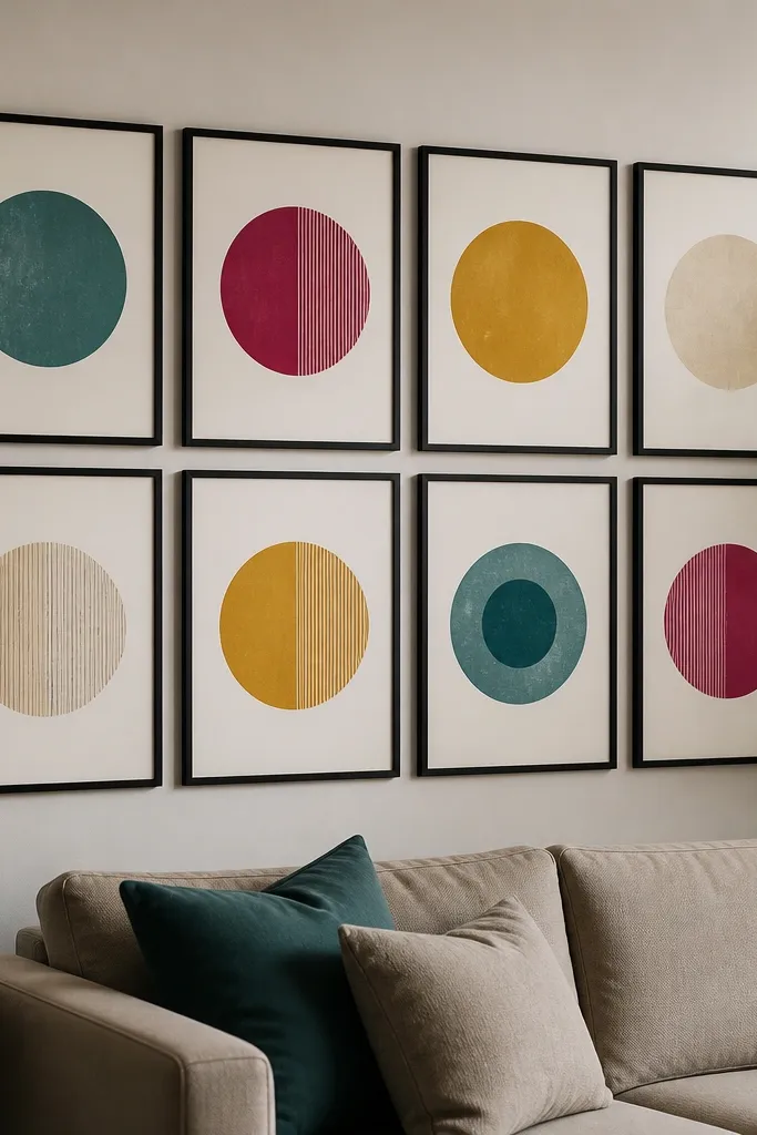 All black frames with different colorful art prints arranged in a balanced cluster