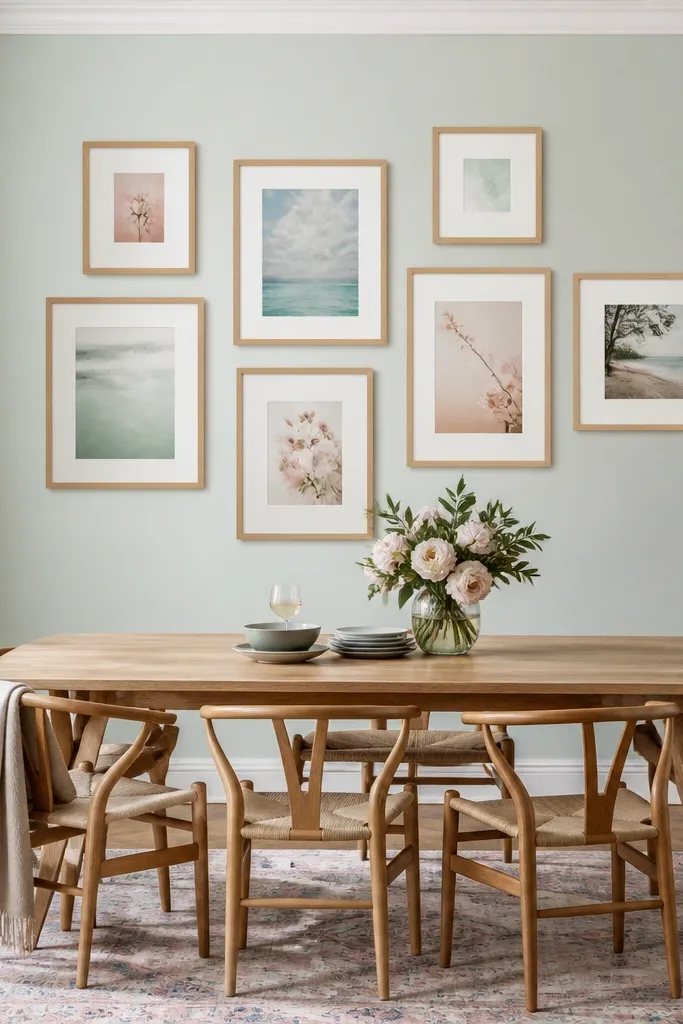 Pastel artwork in frames with wide white mats, arranged in a staggered pattern