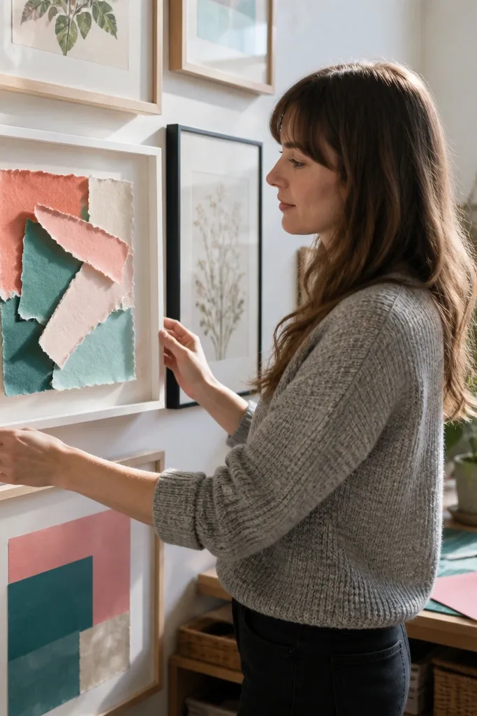 Frames with floating paper art that has torn edges in bright colors
